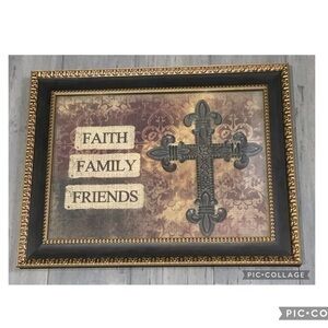 “Faith Family Friends” Antique Bronze Fleur De Lis Cross Framed Wall Picture NEW